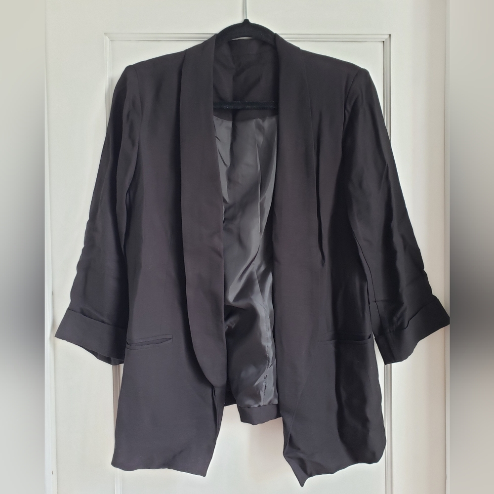 Black Asymmetrical Blazer, Open, no button Black Blazer in Rayon Material